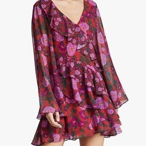Like New KEEPSAKE Pink Waves Pomegranate Long Bell Sleeve Ruffle Dress Size S